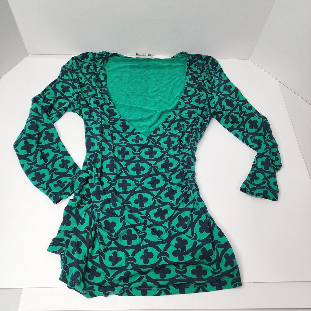 Boden Faux Wrap Long Sleeve Women's Top Sz 6 UK 10 Ruched Sides 3/4 Sleeve Gree